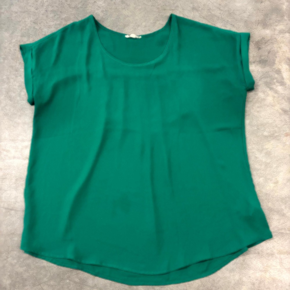 Women's Emerald Green Pleated Blouse XL Short Sleeve Scoop Neck High Low Top